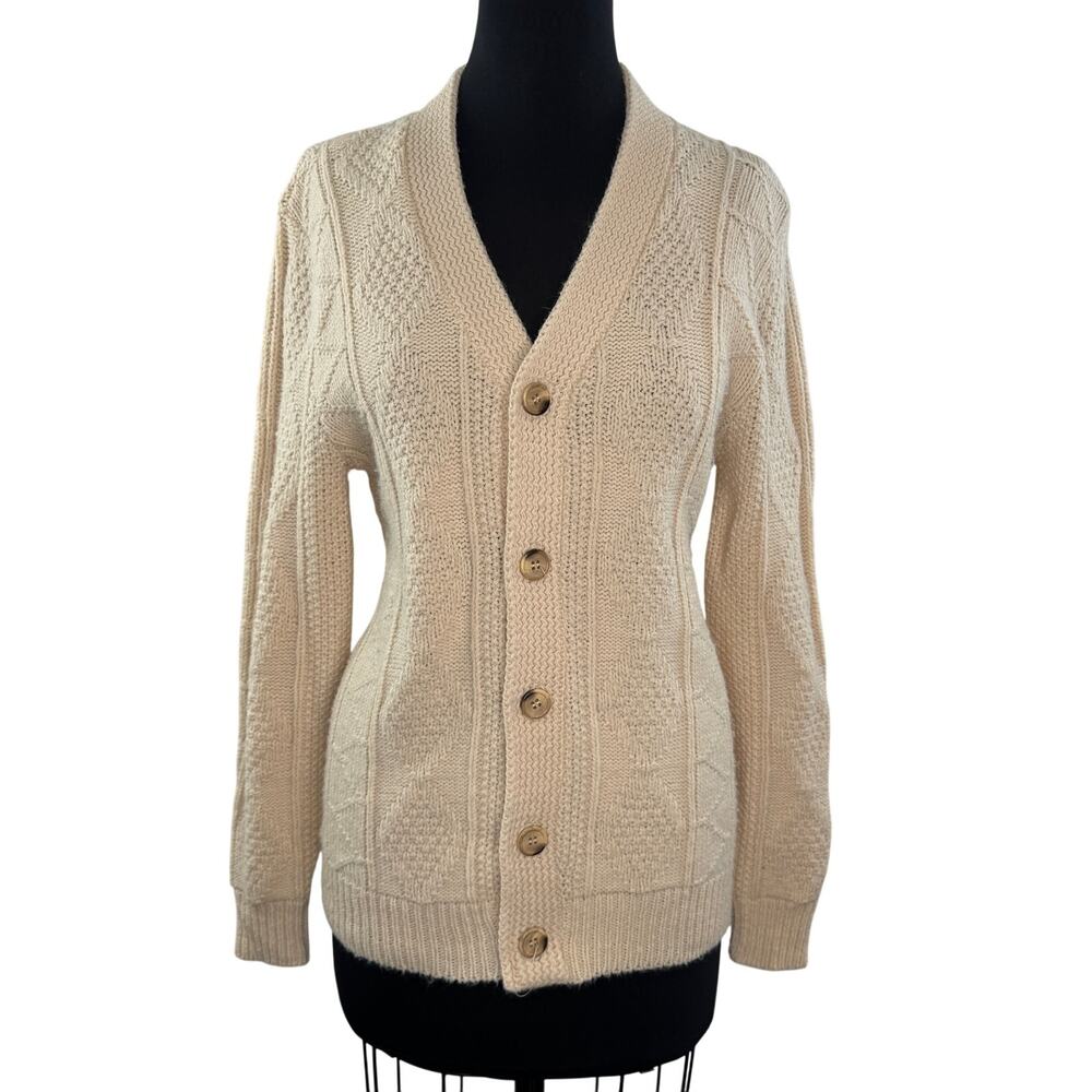 VINTAGE Lahmar Beige Cardigan Sweater Wool Cable Knit Front-Button L Large VTG
